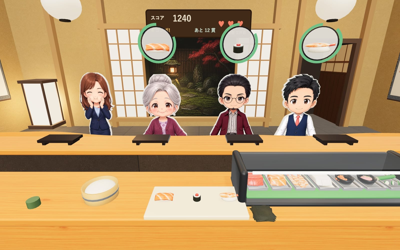 プレイ画面。カウンター越しに4人のお客さんと注文の吹き出し、手前のまな板に握りたての寿司