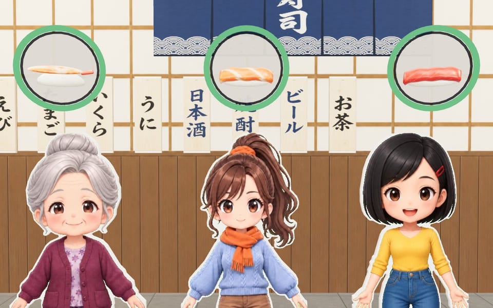 3人のお客さんの頭上に、食べたい寿司の吹き出しが出ている