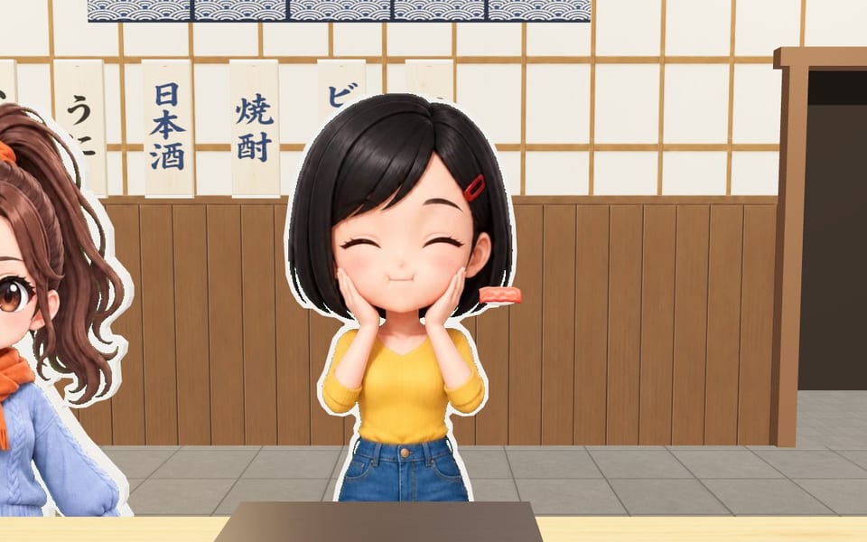 寿司を食べて、ほっぺを押さえて喜ぶお客さん